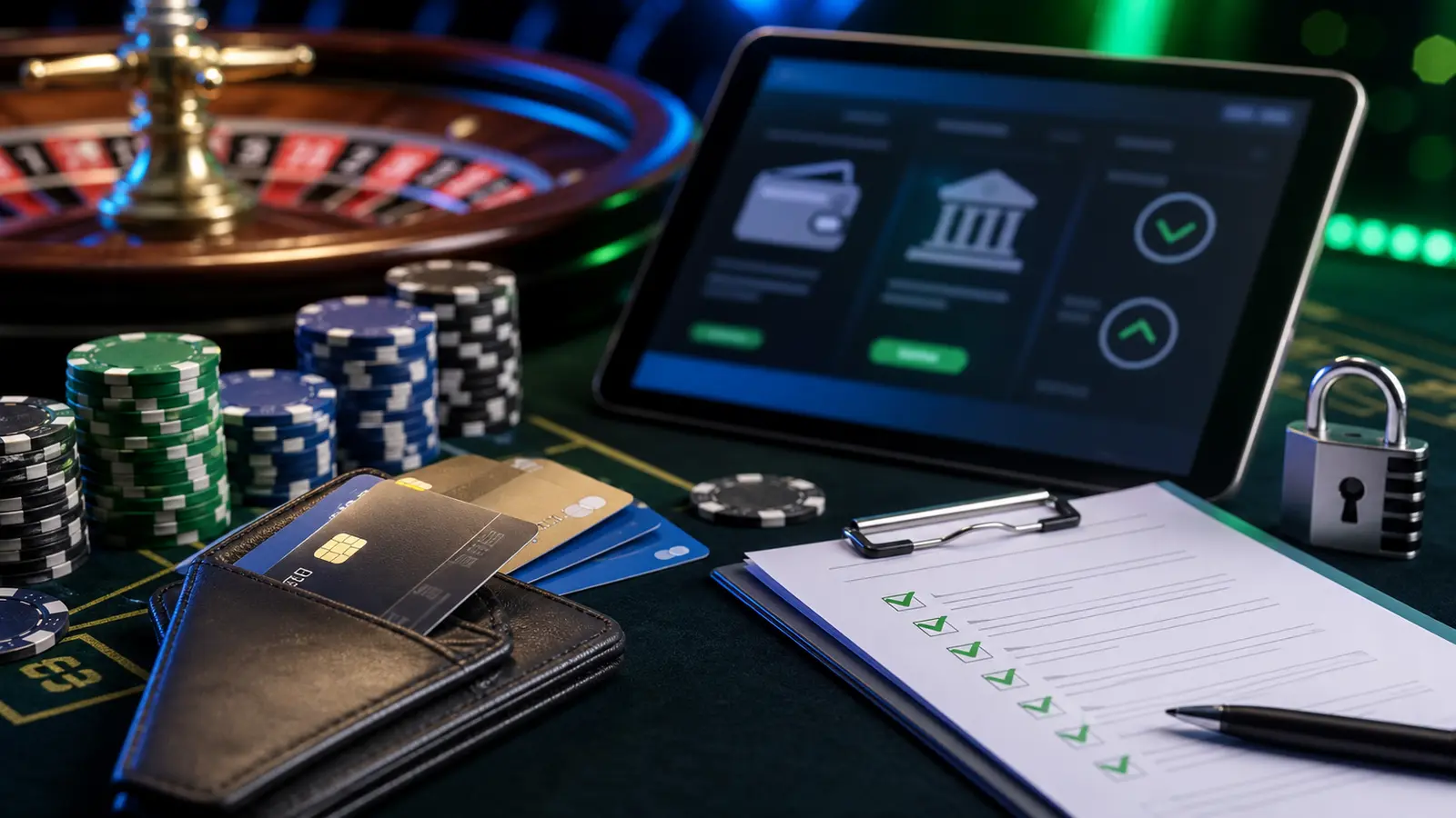 scrivania editoriale con schermo casino e schede di valutazione